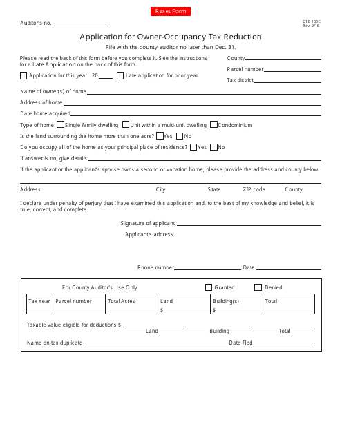 Form DTE105C Application for Owner-Occupancy Tax Reduction - Ohio