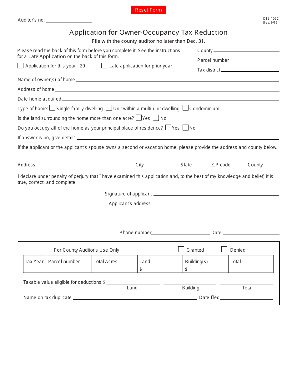 Form DTE105C Application for Owner-Occupancy Tax Reduction - Ohio, Page 1