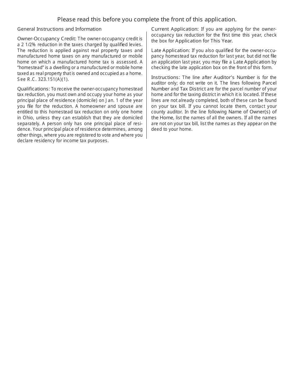 Form DTE105C Application for Owner-Occupancy Tax Reduction - Ohio, Page 2