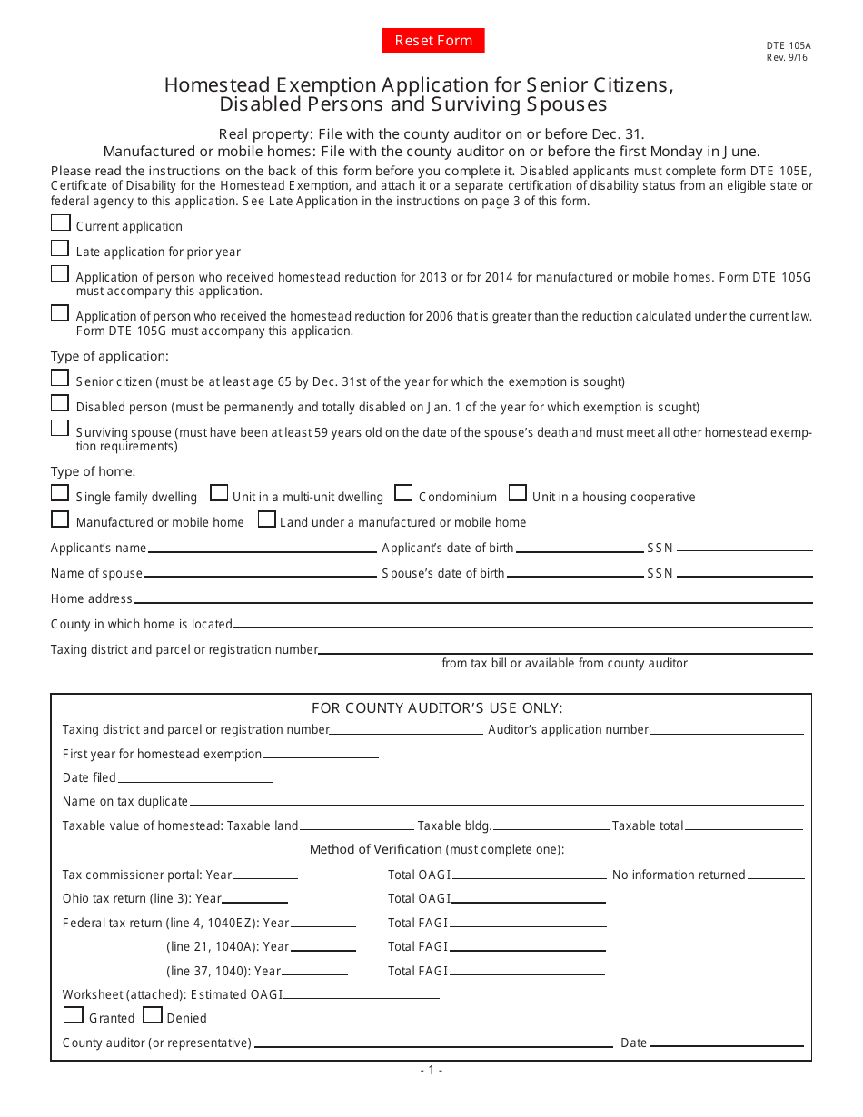 Form DTE105A Homestead Exemption Application for Senior Citizens, Disabled Persons and Surviving Spouses - Ohio, Page 1