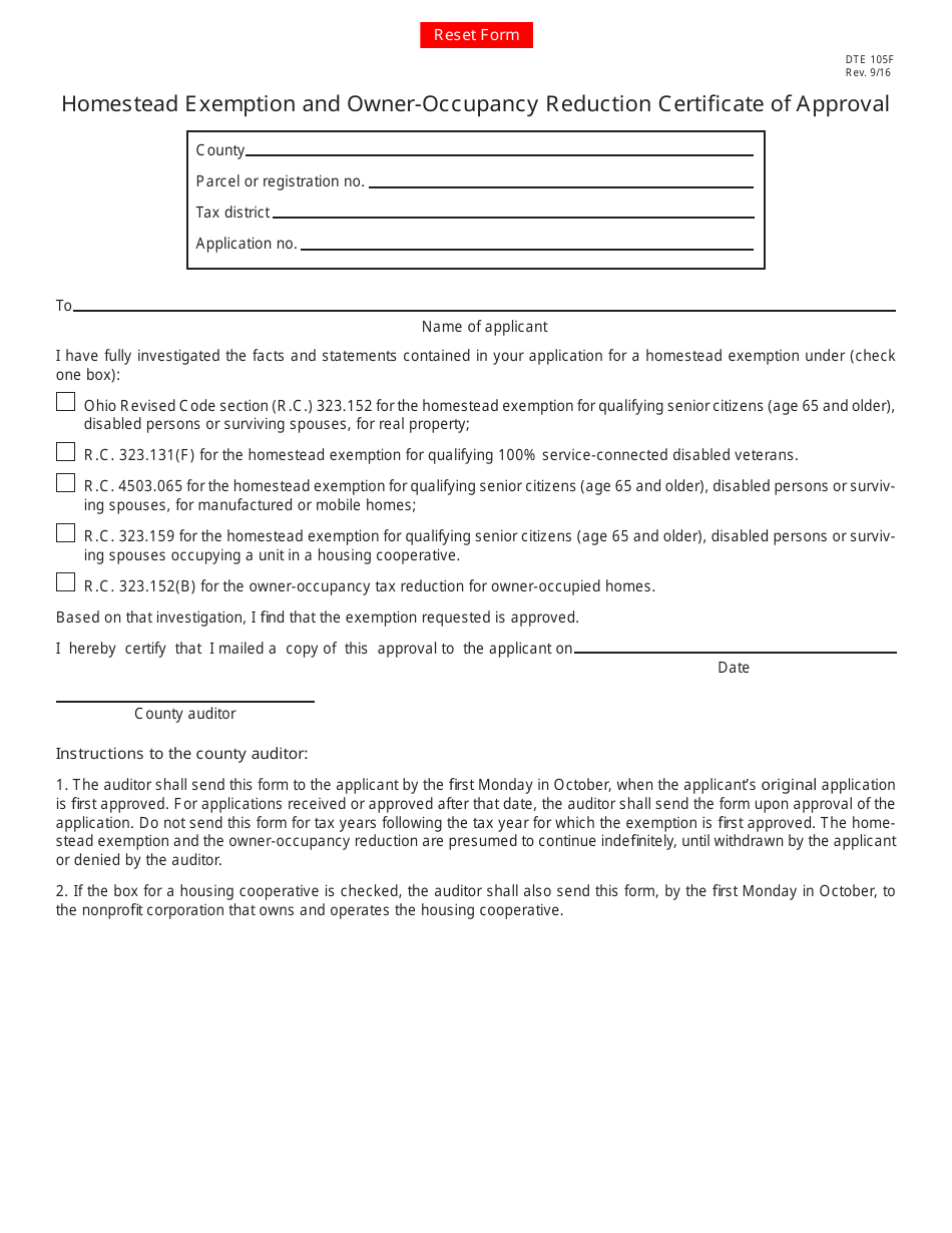 Form DTE105F Homestead Exemption and Owner-Occupancy Reduction Certificate of Approval - Ohio, Page 1