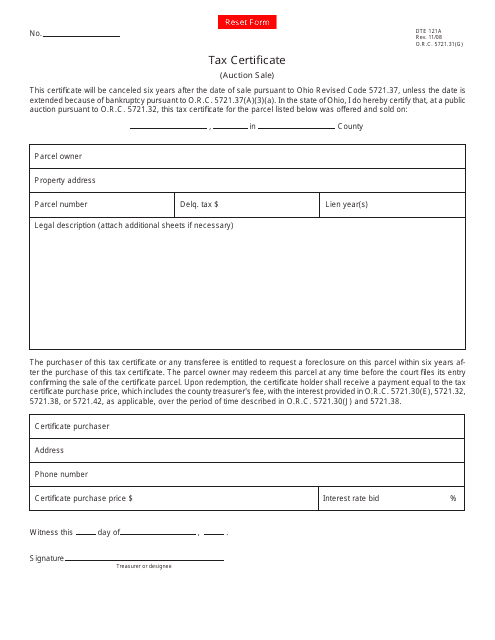 Form DTE121A Tax Certificate (Auction Sale) - Ohio