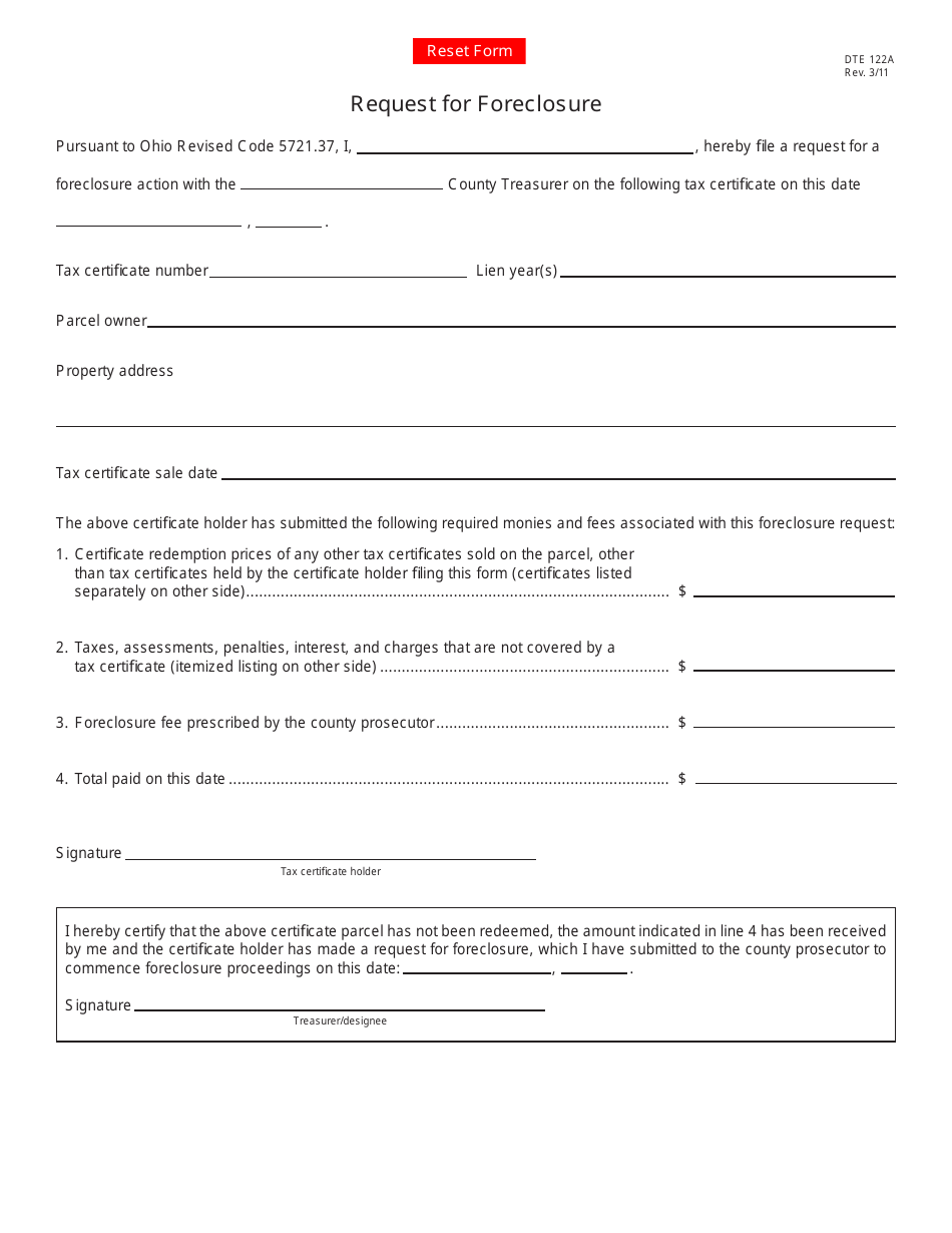 Form DTE122A Request for Foreclosure - Ohio, Page 1
