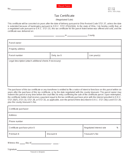 Form DTE121N Tax Certificate (Negotiated Sale) - Ohio