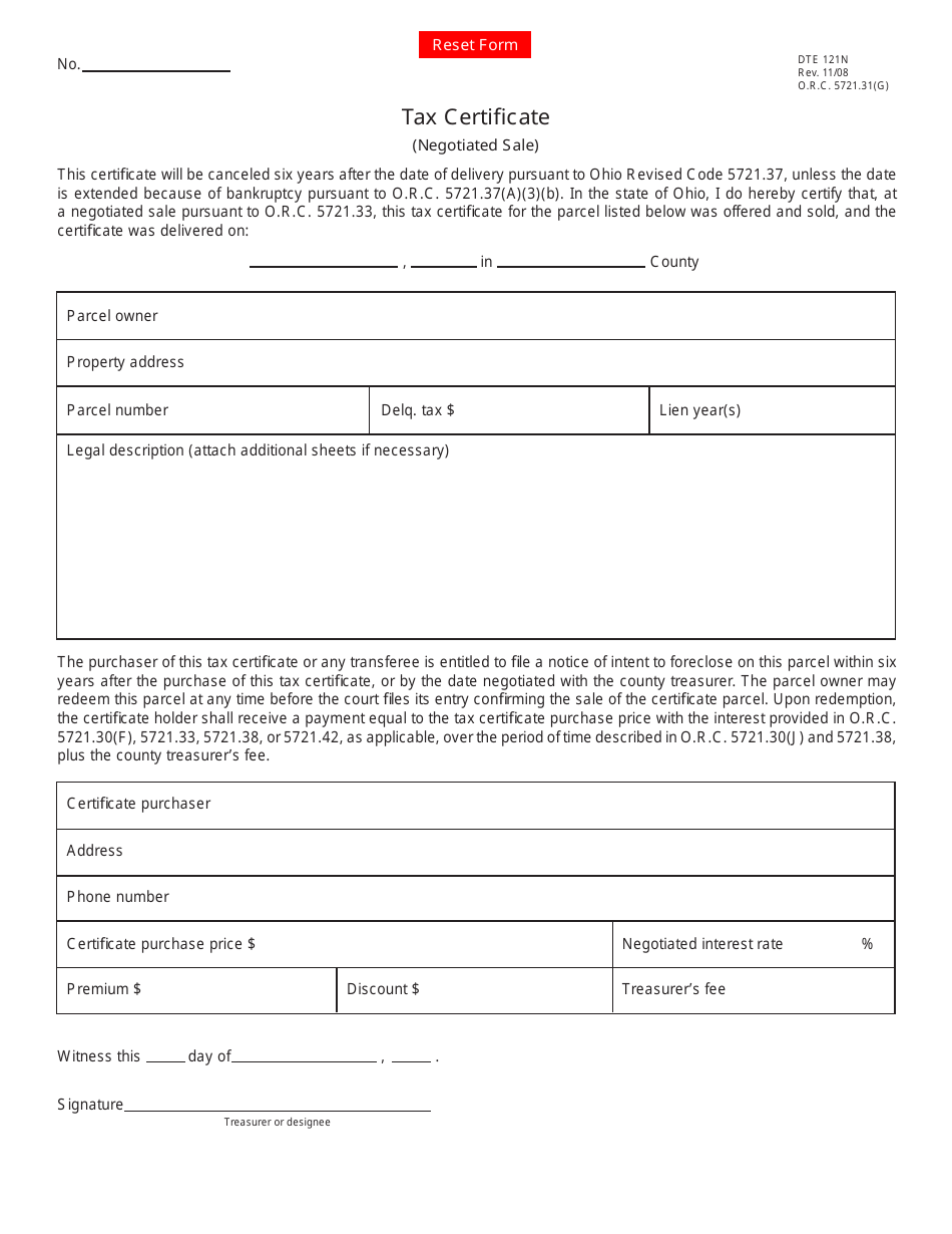 Form DTE121N Tax Certificate (Negotiated Sale) - Ohio, Page 1