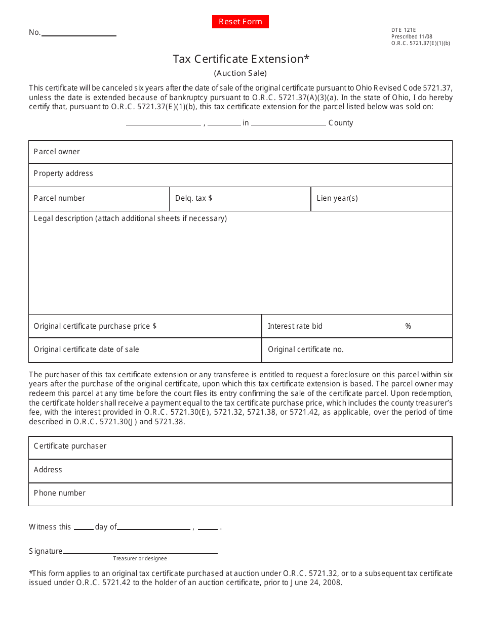 Form DTE121E Tax Certificate Extension - Ohio, Page 1