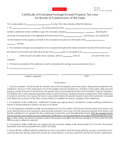 Form DTE130 Certificate of Estimated Average Annual Property Tax Levy for Bonds of Subdivisions of the State - Ohio