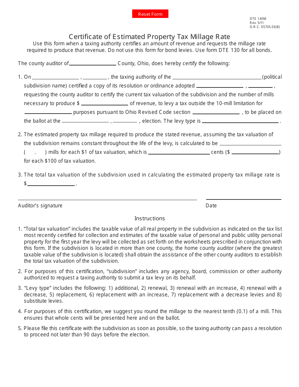 Form DTE140M Certificate of Estimated Property Tax Millage Rate - Ohio, Page 1