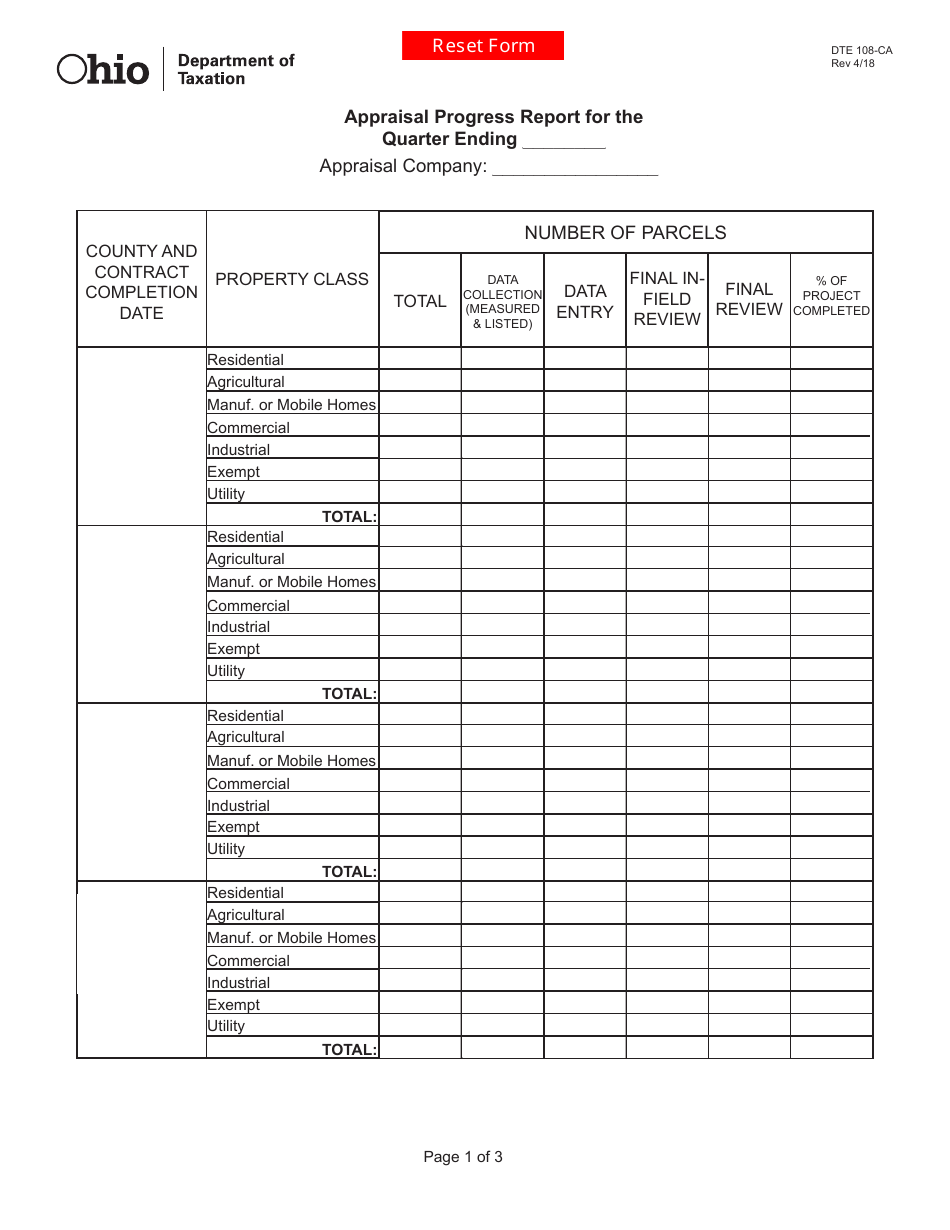 Form DTE108-CA Appraisal Progress Report for the Quarter - Ohio, Page 1