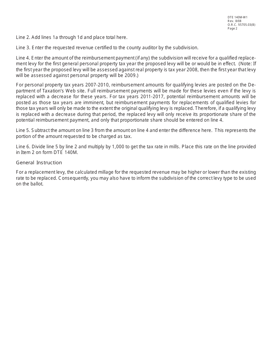 Form DTE140M-W1 Worksheet to Calculate Tax Rate for Form Dte 140m When a Taxing Authority Certifies an Amount of Revenue and Requests a Rate for Additional, Replacement, Replacement With an Increase, and Replacement With a Decrease Levies - Ohio, Page 2