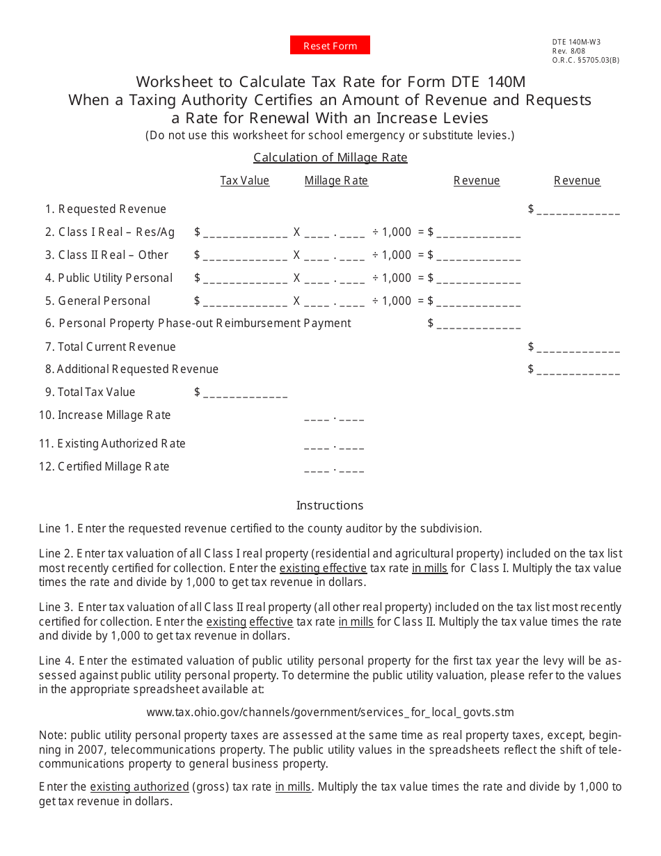 Form DTE140M-W3 Worksheet to Calculate Tax Rate for Form Dte 140m When a Taxing Authority Certifies an Amount of Revenue and Requests a Rate for Renewal With an Increase Levies - Ohio, Page 1