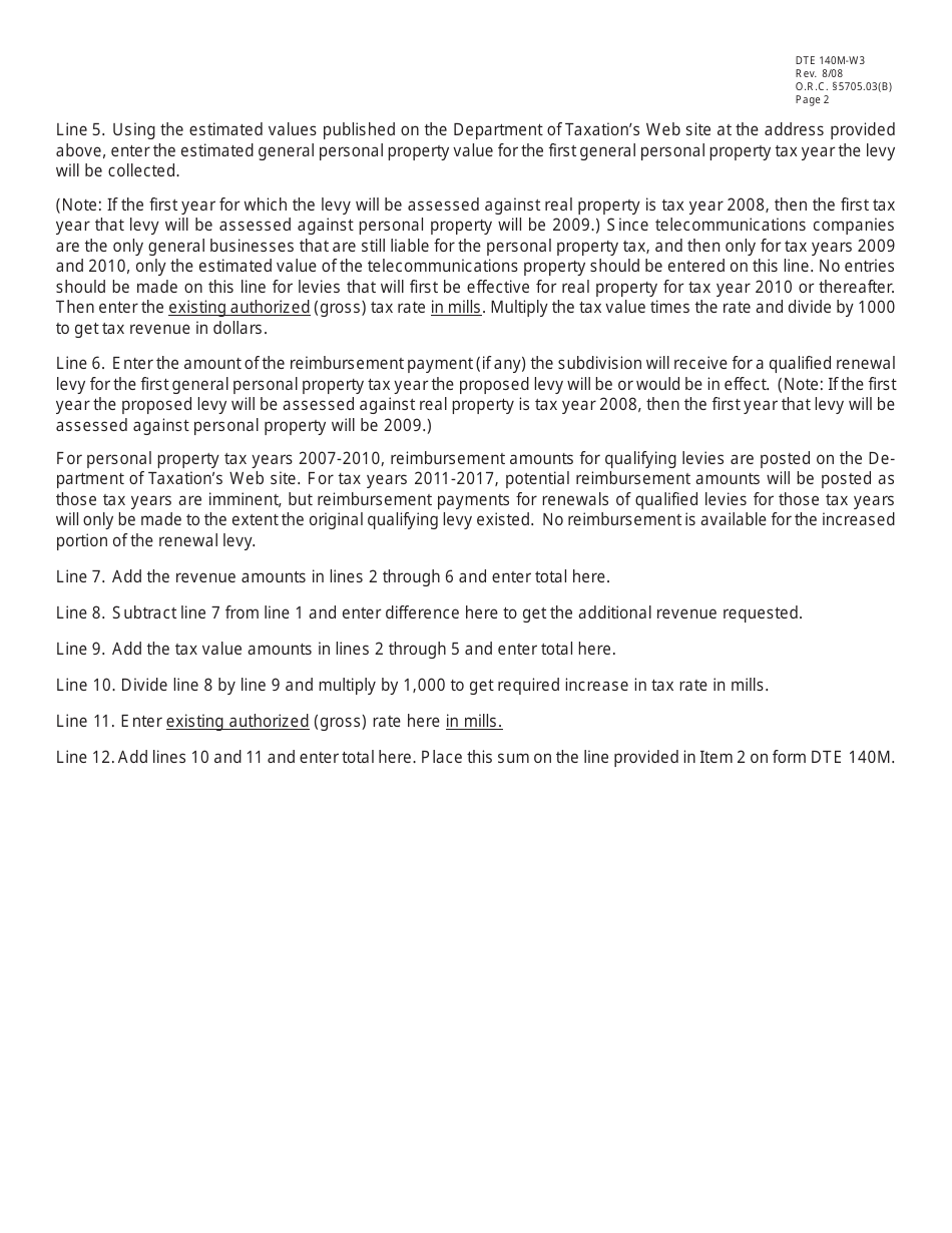 Form DTE140M-W3 Worksheet to Calculate Tax Rate for Form Dte 140m When a Taxing Authority Certifies an Amount of Revenue and Requests a Rate for Renewal With an Increase Levies - Ohio, Page 2