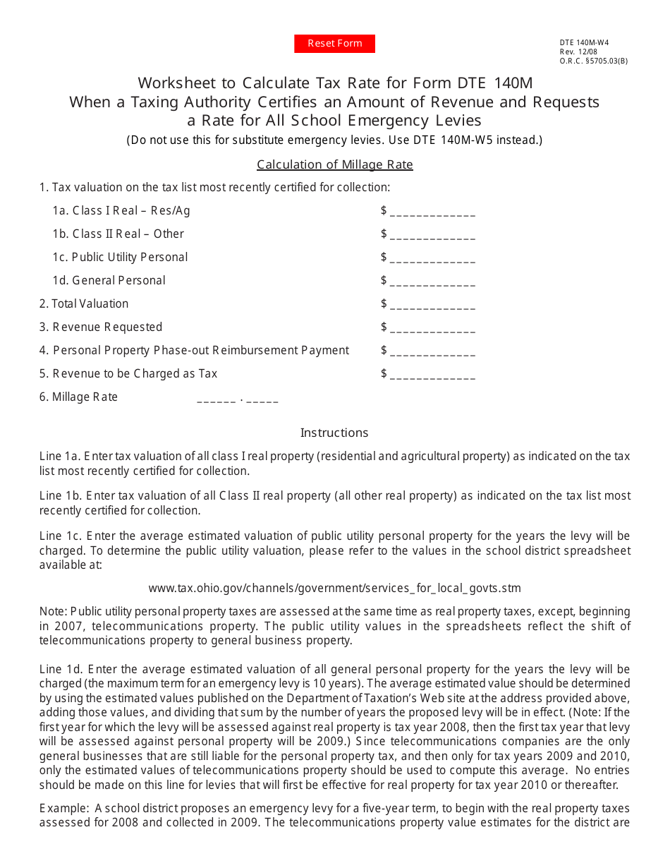 Form DTE140M-W4 Worksheet to Calculate Tax Rate for Form Dte 140m When a Taxing Authority Certifies an Amount of Revenue and Requests a Rate for All School Emergency Levies - Ohio, Page 1