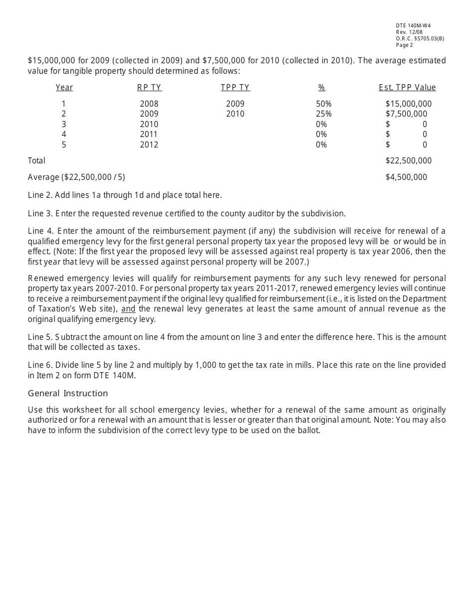 Form DTE140M-W4 Worksheet to Calculate Tax Rate for Form Dte 140m When a Taxing Authority Certifies an Amount of Revenue and Requests a Rate for All School Emergency Levies - Ohio, Page 2