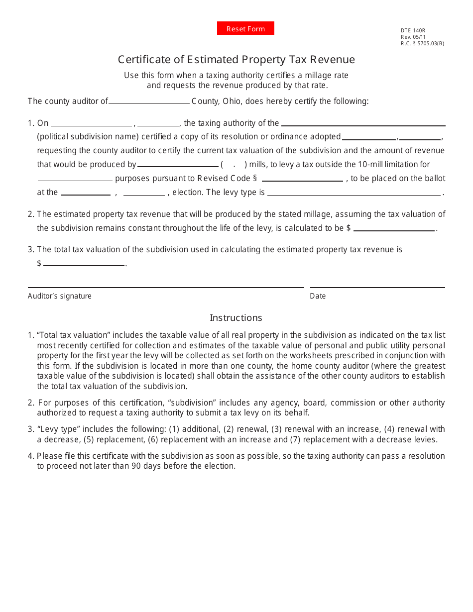 Form DTE140R Certificate of Estimated Property Tax Revenue - Ohio, Page 1