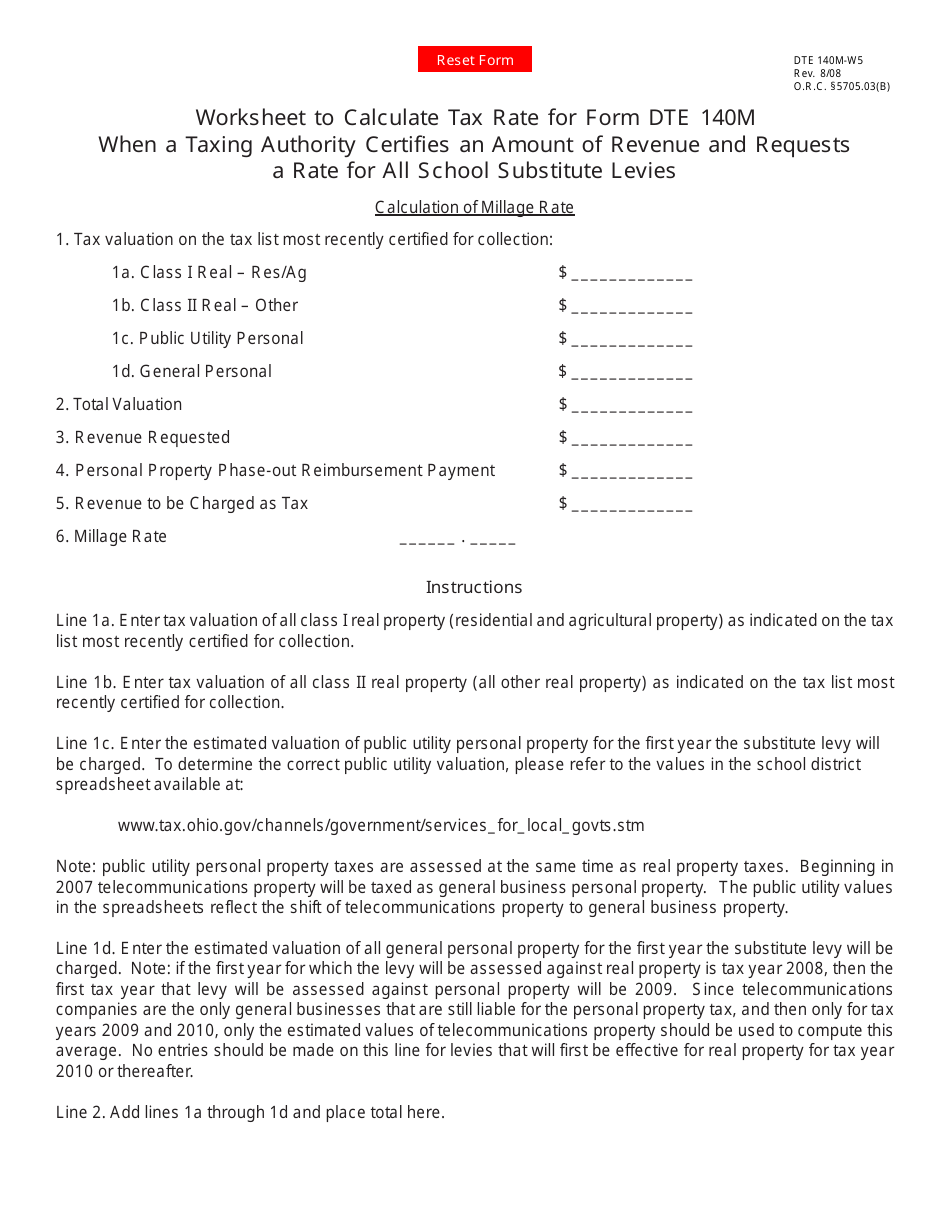 Form DTE140M-W5 Worksheet to Calculate Tax Rate for Form Dte 140m When a Taxing Authority Certifies an Amount of Revenue and Requests a Rate for All School Substitute Levies - Ohio, Page 1