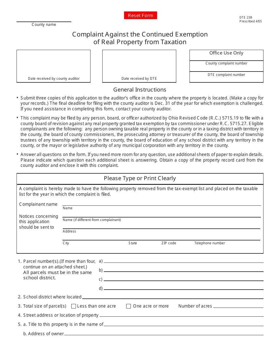 Form DTE23B Complaint Against the Continued Exemption of Real Property From Taxation - Ohio, Page 1