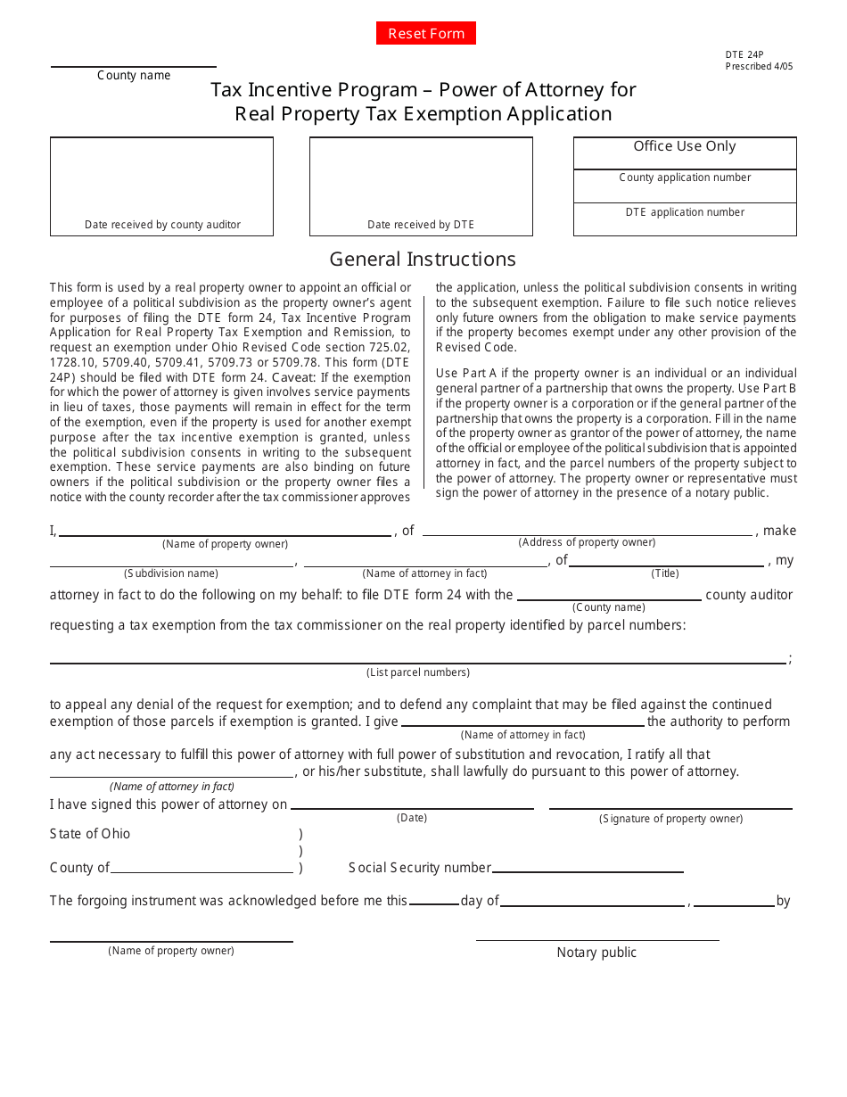 Form DTE24P Power of Attorney for Real Property Tax Exemption Application - Tax Incentive Program - Ohio, Page 1