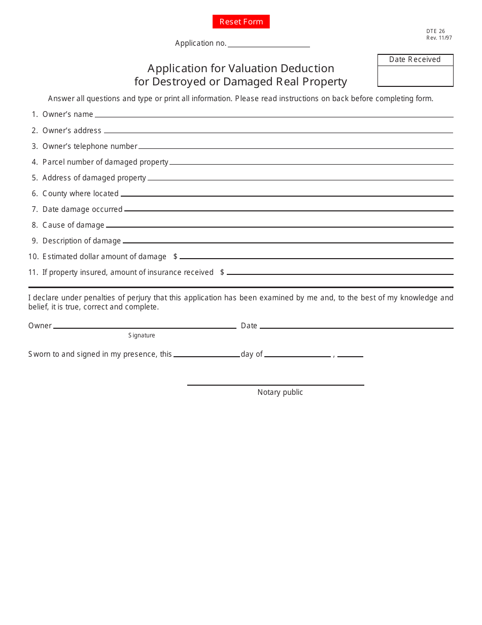 Form DTE26 Application for Valuation Deduction for Destroyed or Damaged Real Property - Ohio, Page 1