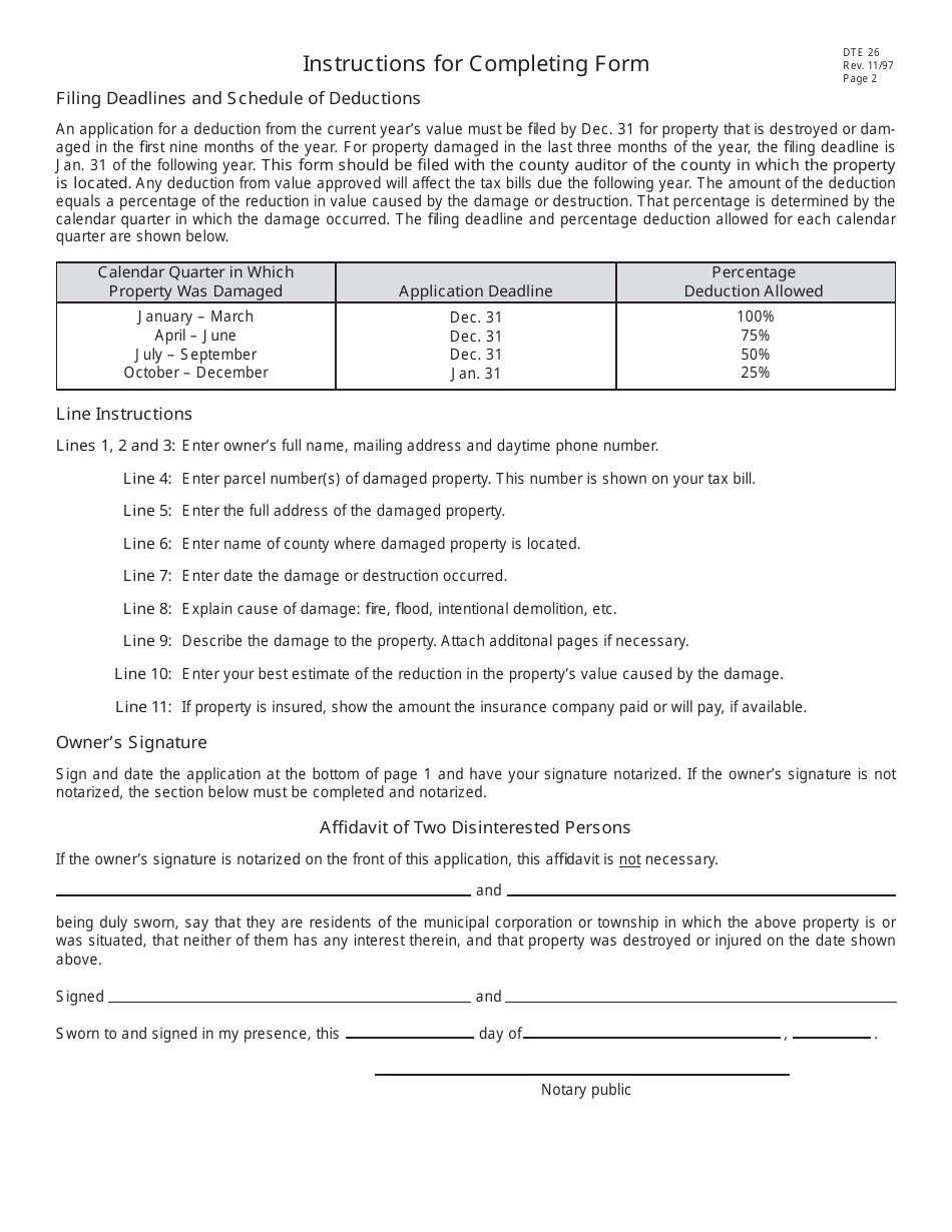 Form DTE26 Application for Valuation Deduction for Destroyed or Damaged Real Property - Ohio, Page 2