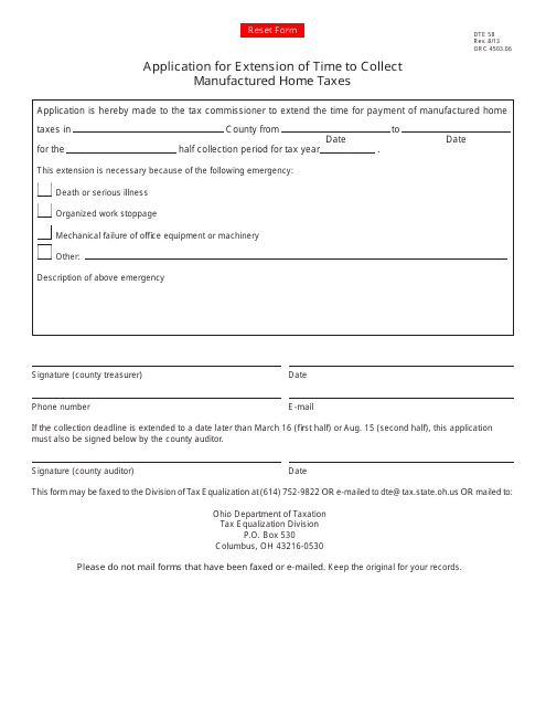 Form DTE58 Application for Extension of Time to Collect Manufactured Home Taxes - Ohio