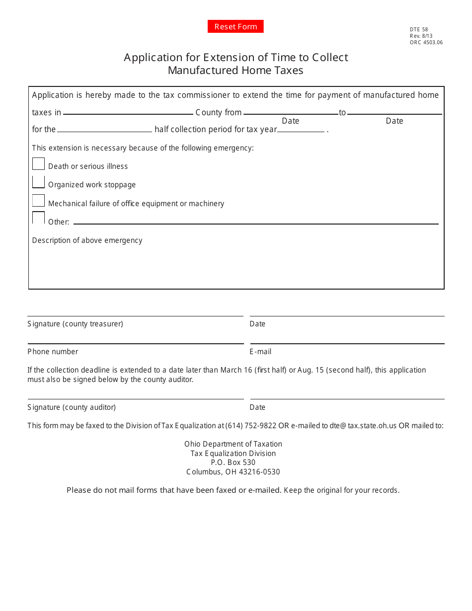 Form DTE58 Application for Extension of Time to Collect Manufactured Home Taxes - Ohio, Page 1