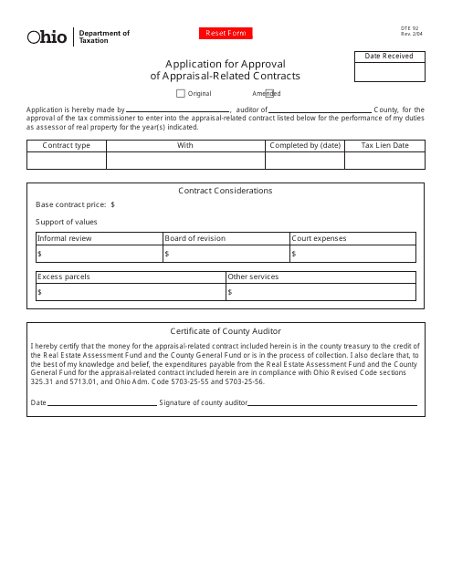 Form DTE92 Application for Approval of Appraisal-Related Contracts - Ohio