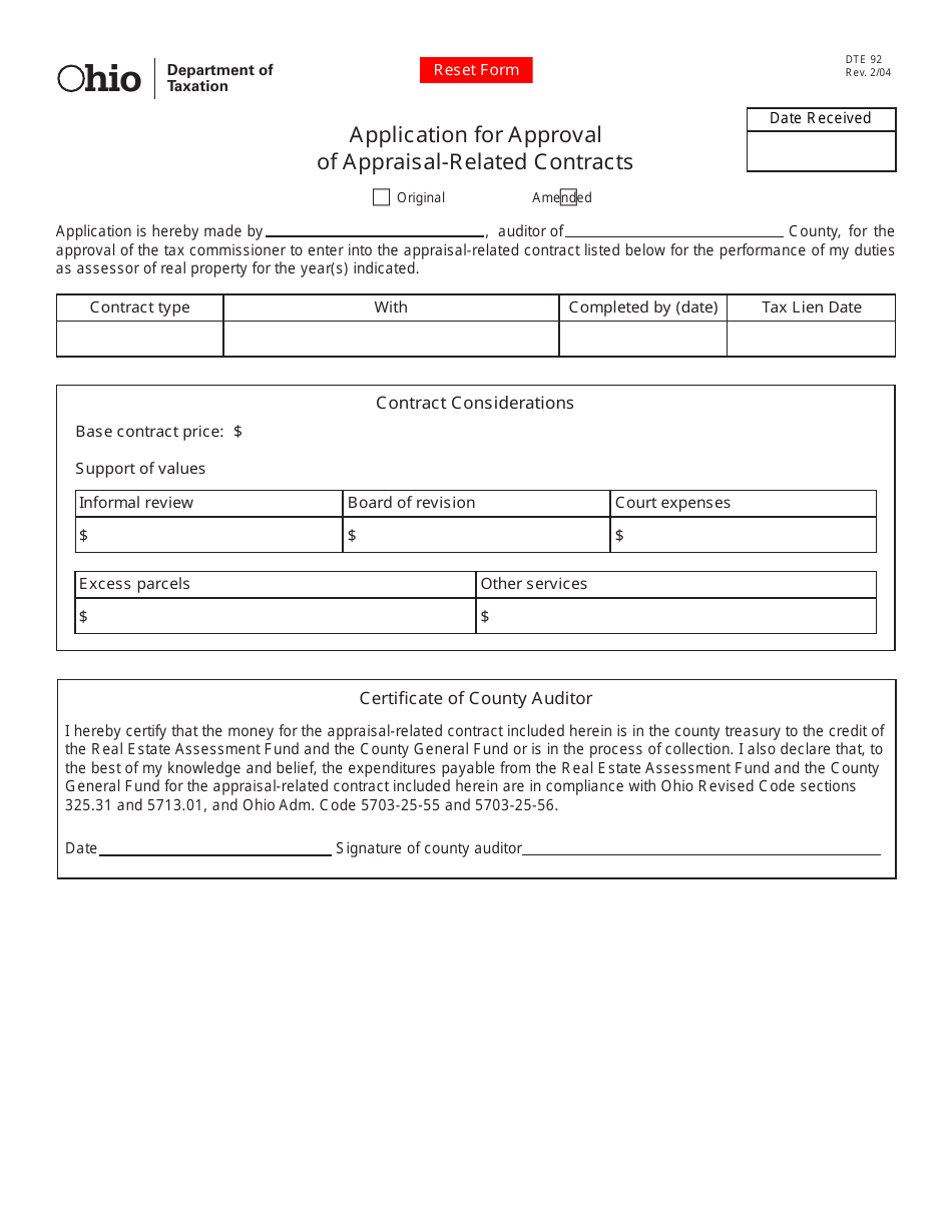 Form DTE92 Application for Approval of Appraisal-Related Contracts - Ohio, Page 1