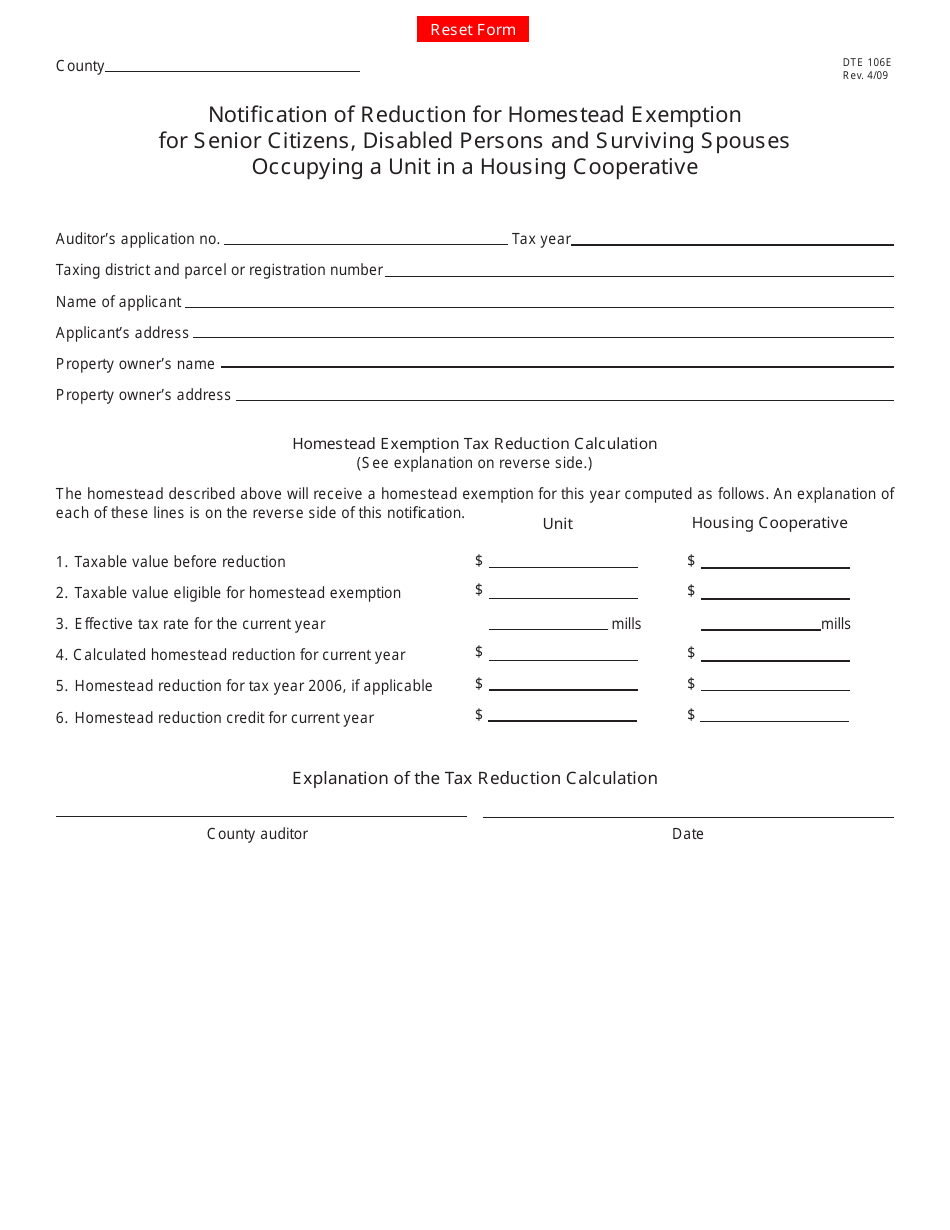 Form DTE106E Notification of Reduction for Homestead Exemption for Senior Citizens, Disabled Persons and Surviving Spouses Occupying a Unit in a Housing Cooperative - Ohio, Page 1