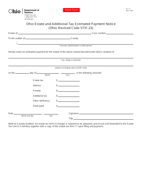Form ET17 Ohio Estate and Additional Tax Estimated Payment Notice - Ohio