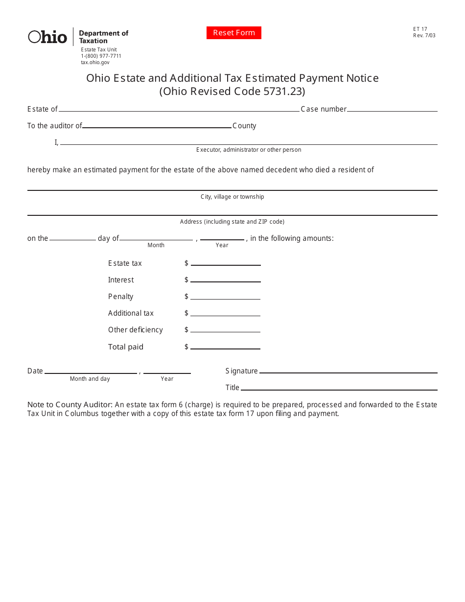 Form ET17 Download Fillable PDF or Fill Online Ohio Estate and
