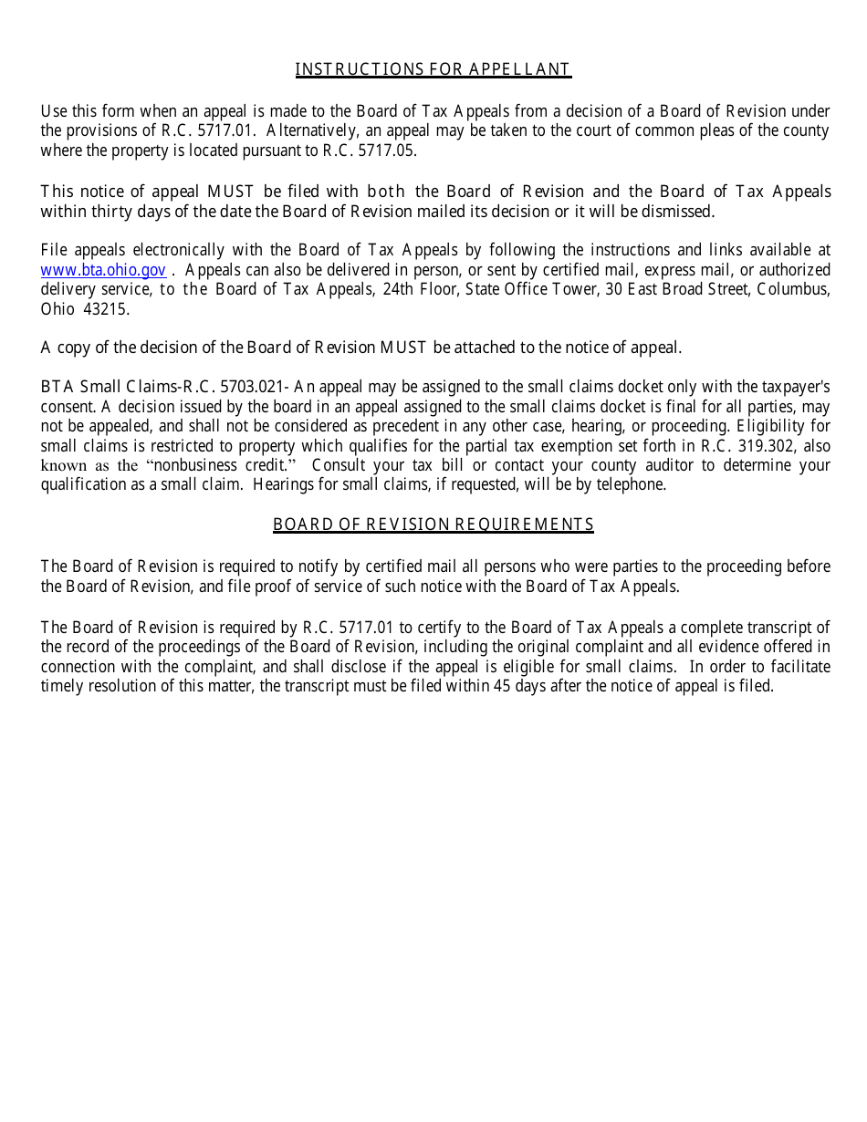 Form DTE4 Notice of Appeal to the Board of Tax Appeals From a Decision of a County Board of Revision - Ohio, Page 2