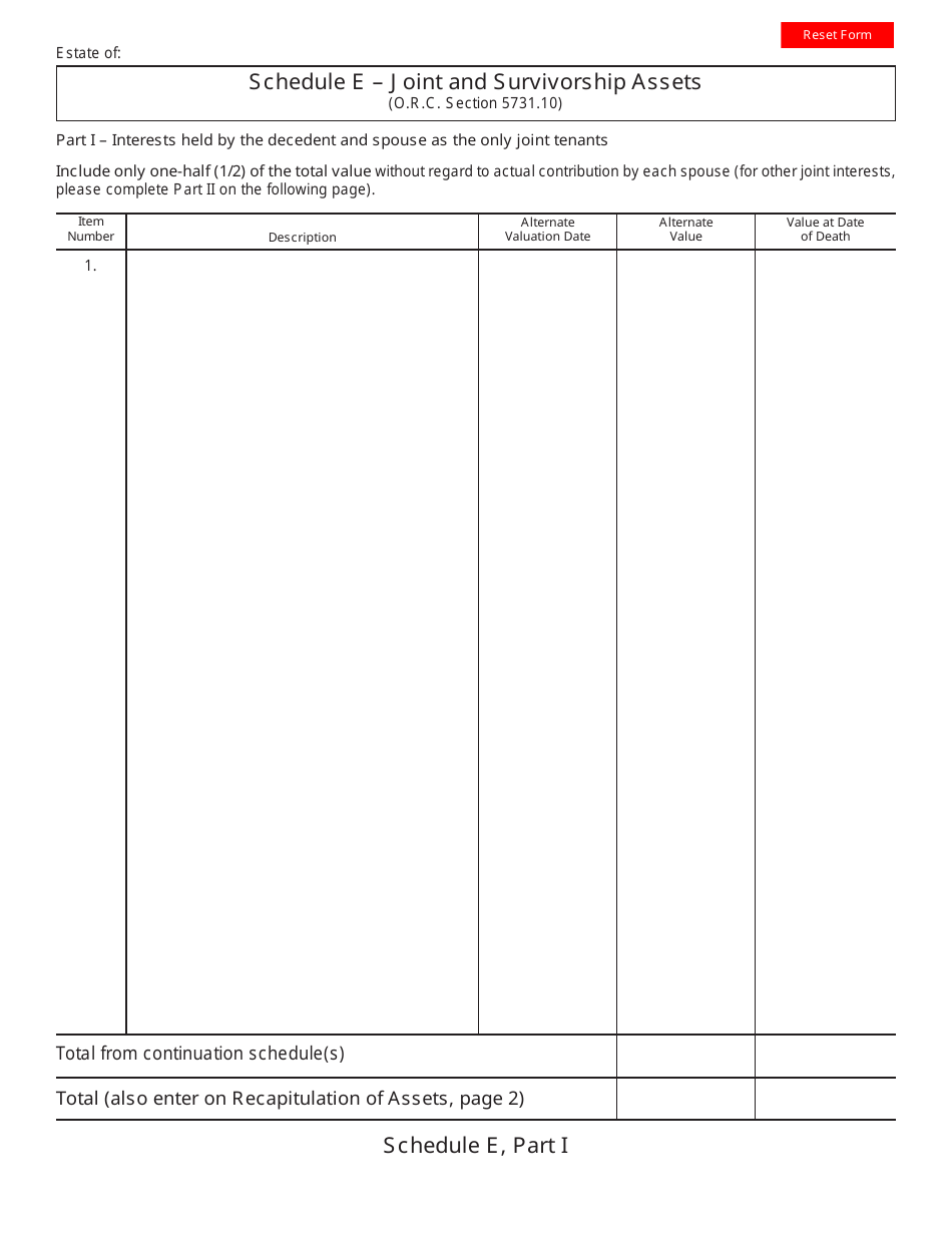 Form ET2 Schedule E Part I - Joint and Survivorship Assets - Ohio, Page 1