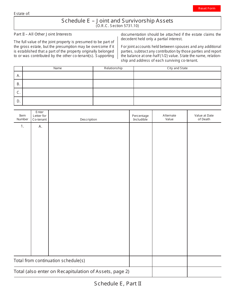 Form ET2 Schedule E Part II - Joint and Survivorship Assets - Ohio, Page 1