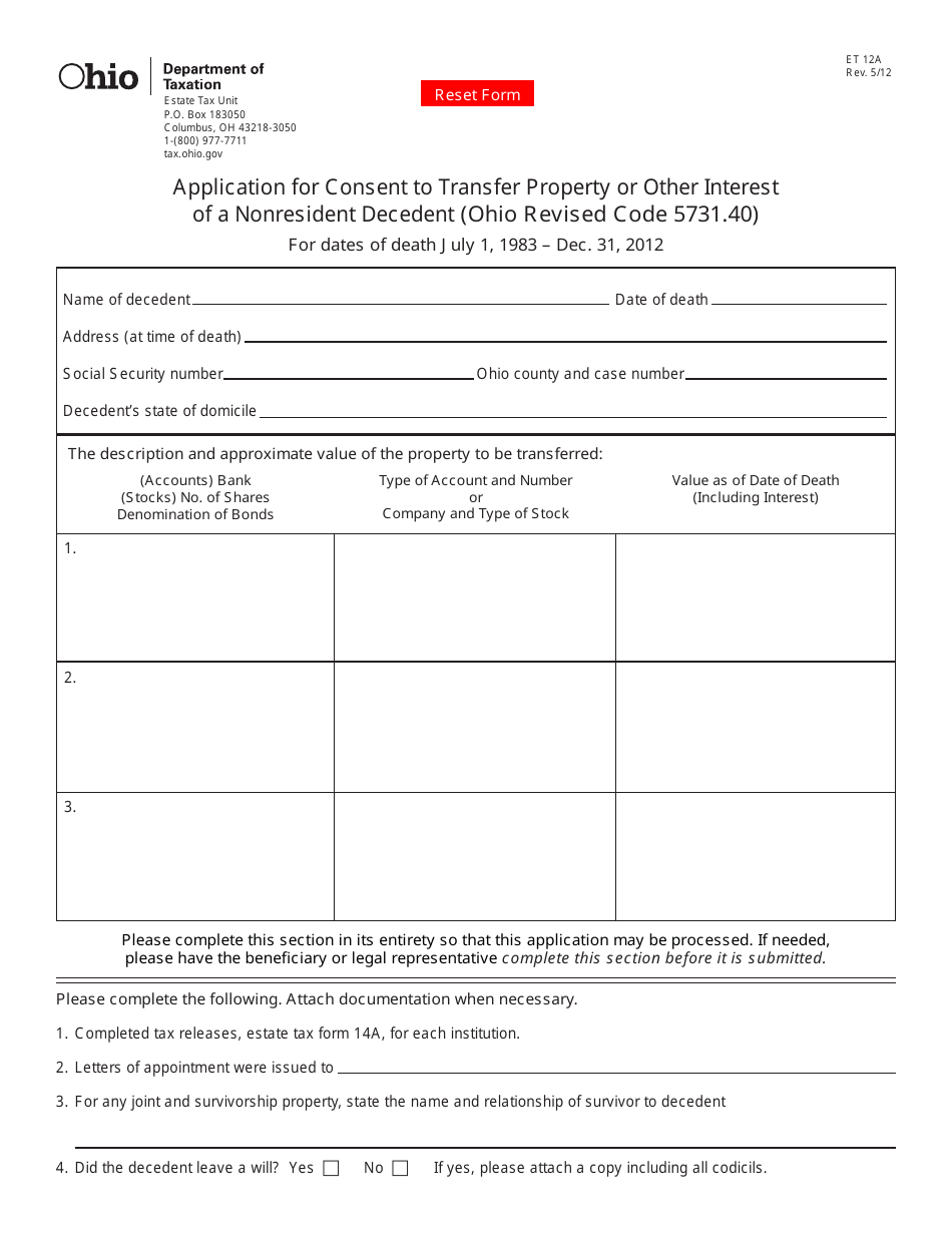 Form ET12a Application for Consent to Transfer Property or Other Interest of a Nonresident Decedent - Ohio, Page 1