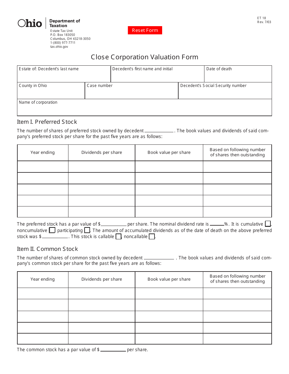 Form ET18 Close Corporation Valuation Form - Ohio, Page 1