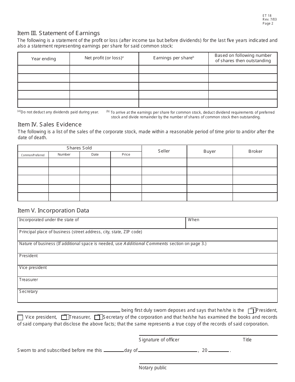 Form ET18 Close Corporation Valuation Form - Ohio, Page 2