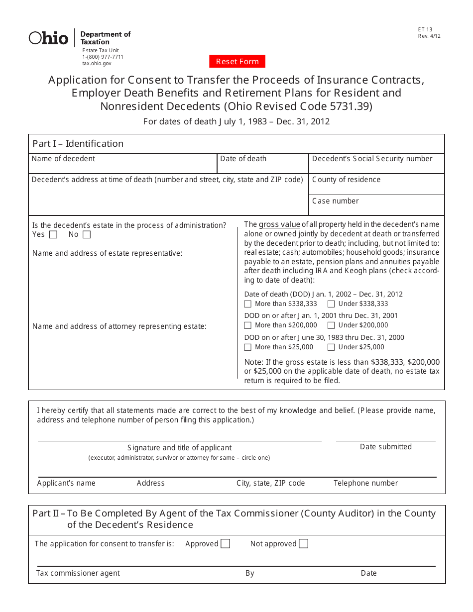 Form ET13 Application for Consent to Transfer the Proceeds of Insurance Contracts, Employer Death Benefits and Retirement Plans for Resident and Nonresident Decedents - Ohio, Page 1