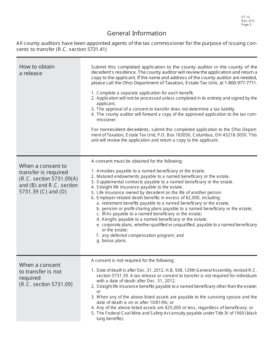 Form ET13 Application for Consent to Transfer the Proceeds of Insurance Contracts, Employer Death Benefits and Retirement Plans for Resident and Nonresident Decedents - Ohio, Page 3