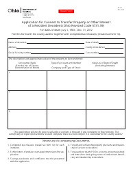 Form ET12 Application for Consent to Transfer Property or Other Interest of a Resident Decedent - for Dates of Death July 1, 1983 - Dec. 31, 2012 - Ohio