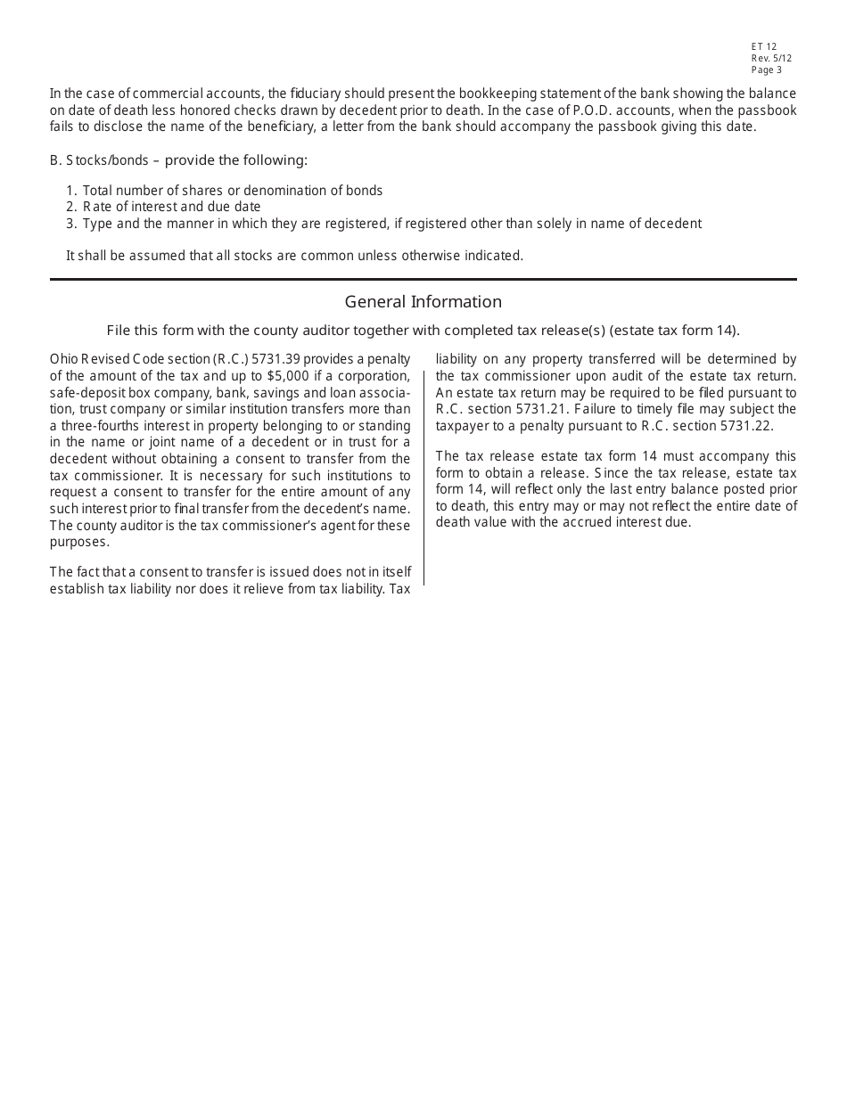 Form ET12 Application for Consent to Transfer Property or Other Interest of a Resident Decedent - for Dates of Death July 1, 1983 - Dec. 31, 2012 - Ohio, Page 3