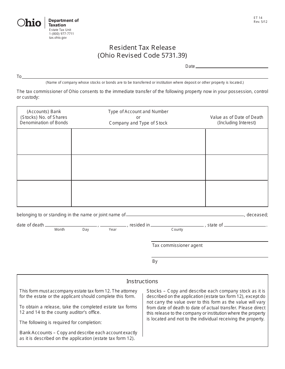 Form ET12 Application for Consent to Transfer Property or Other Interest of a Resident Decedent - for Dates of Death July 1, 1983 - Dec. 31, 2012 - Ohio, Page 4