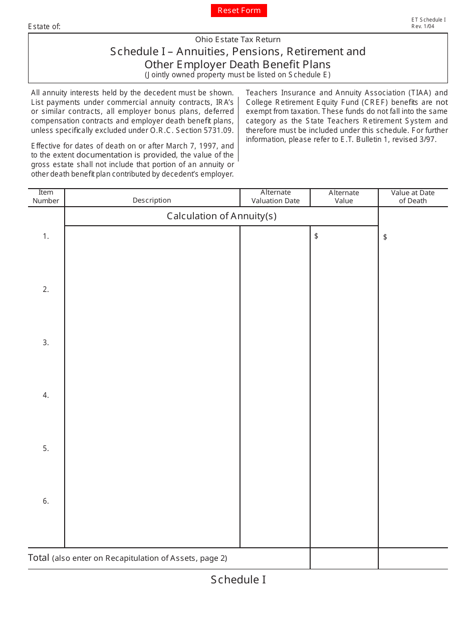 Form ET2 Schedule I Annuities, Pensions, Retirement and Other Employer Death Benefit Plans - Ohio, Page 1