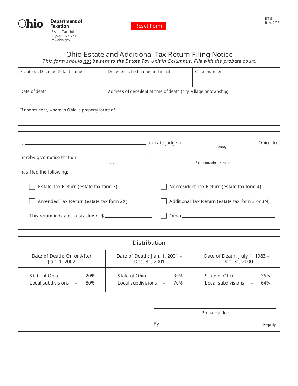 Form ET5 Ohio Estate and Additional Tax Return Filing Notice - Ohio, Page 1