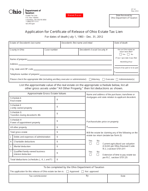 Form ET21 Application for Certificate of Release of Ohio Estate Tax Lien - Ohio