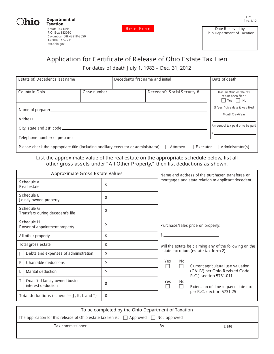 Form ET21 Application for Certificate of Release of Ohio Estate Tax Lien - Ohio, Page 1