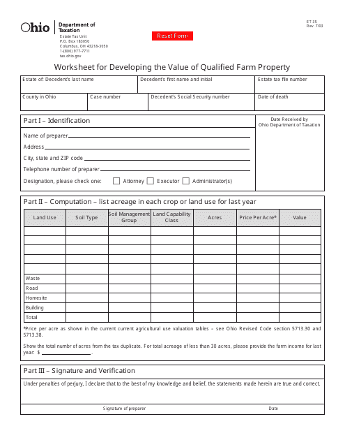 Form ET35 Worksheet for Developing the Value of Qualified Farm Property - Ohio
