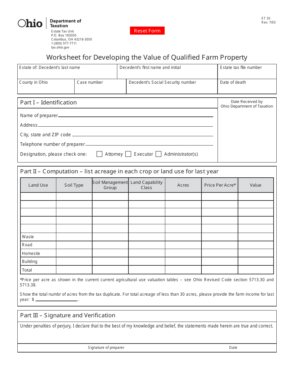 Form ET35 Worksheet for Developing the Value of Qualified Farm Property - Ohio, Page 1