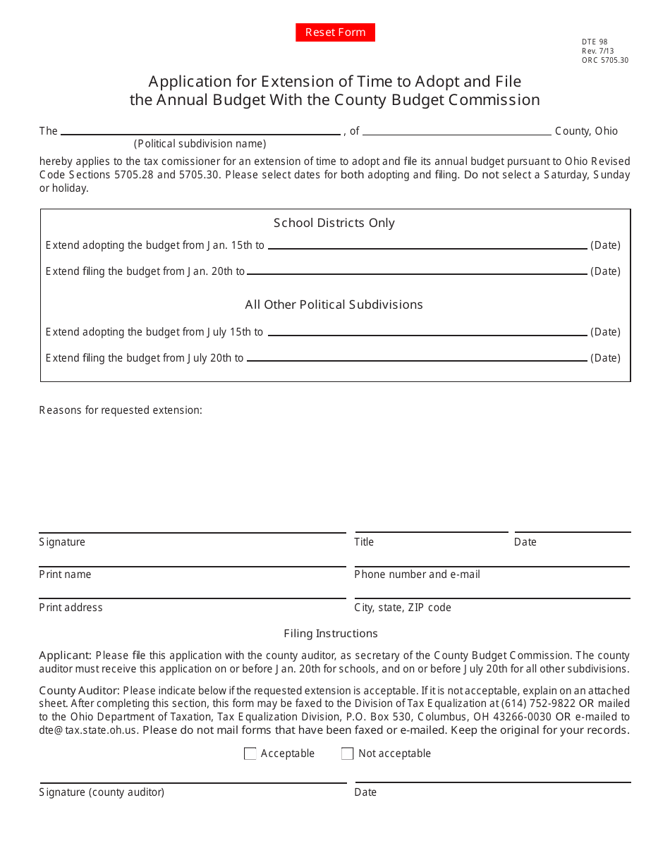 Form DTE98 Application for Extension of Time to Adopt and File the Annual Budget With the County Budget Commission - Ohio, Page 1