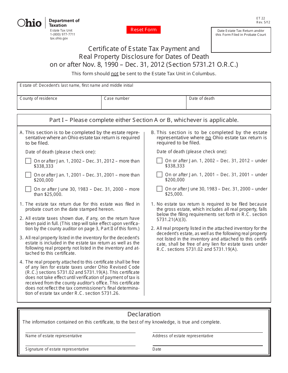 Form ET22 Certificate of Estate Tax Payment and Real Property Disclosure for Dates of Death on or After Nov. 8, 1990 - Ohio, Page 1